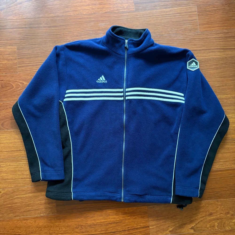Adidas Mens Soccer Full Zip Fleece Jacket Size L Navy Blue 3-Stripe Vintage